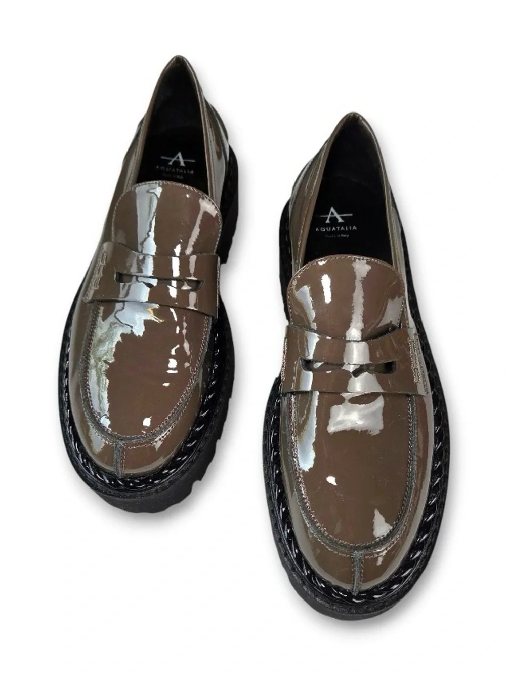 Aquatalia Brown Grey Leather Penny Style Slip On Loafers Size 7